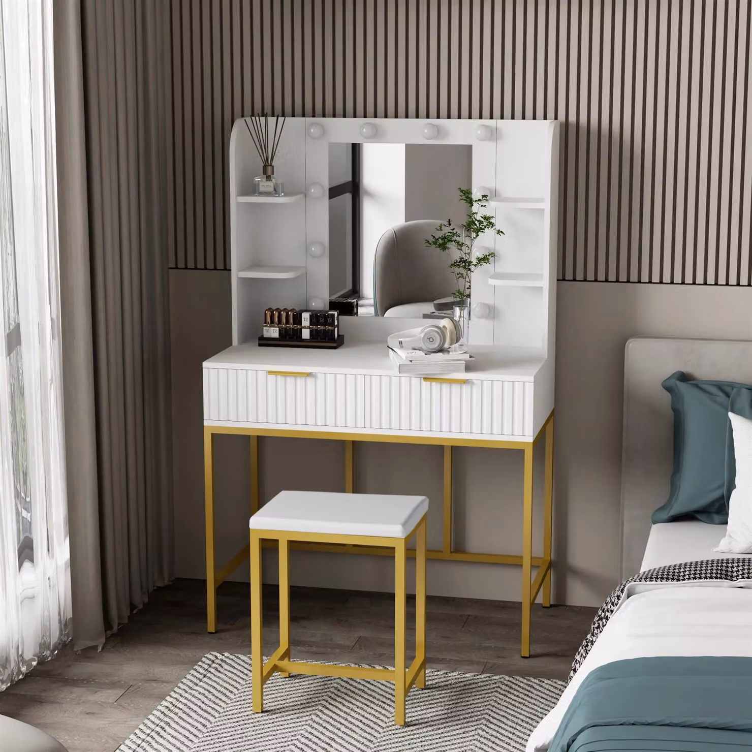 KOSY KOALA Hollywood Style Dressing Table Set with LED Bulb Lights, Side Shelves and Stool in White and Gold, W: 140 cm, D: 40 cm, H: 90 cm – 2