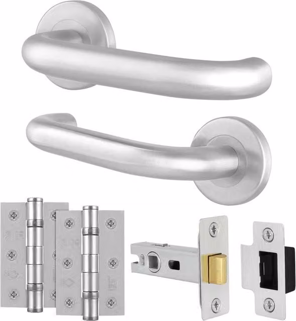 AFIT Satin Stainless Steel Return to Door Handles with 76mm Latch Hinges in Silver, W x H: 150 x 150 mm – 1