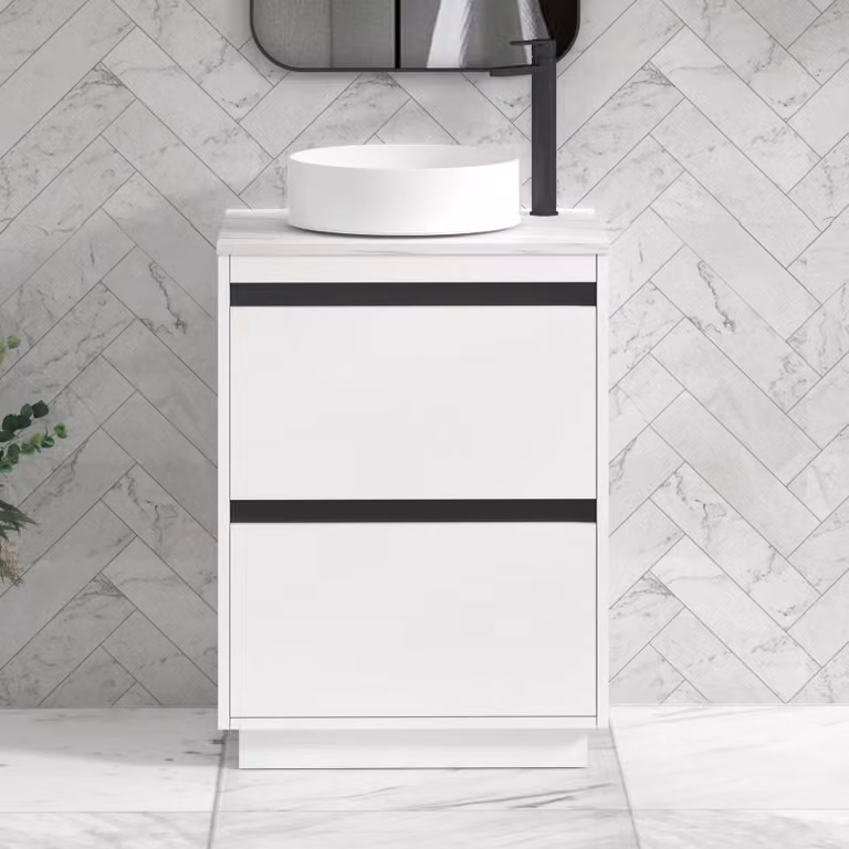 Royal Bathrooms Orion 600mm Matt White Floor Standing Countertop Vanity Unit with 2 Drawers, Art Basin and Black Accent Trim
