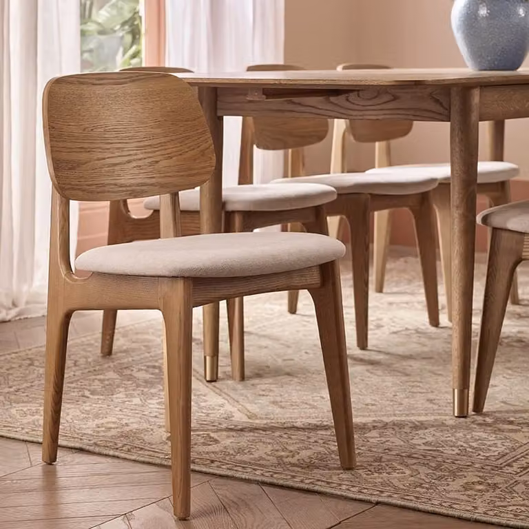Atkin and Thyme Murray Mid-Century Dining Chairs in Oak and Fabric, Pair