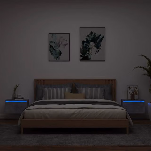 Berkfield Home Set of 2 Wall-mounted Bedside Cabinets with Integrated LED Lights in Concrete Grey