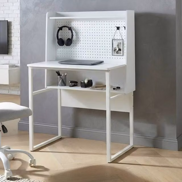 Wyld and Coco White Pegboard Writing Desk with Wall Mounted Open Shelves