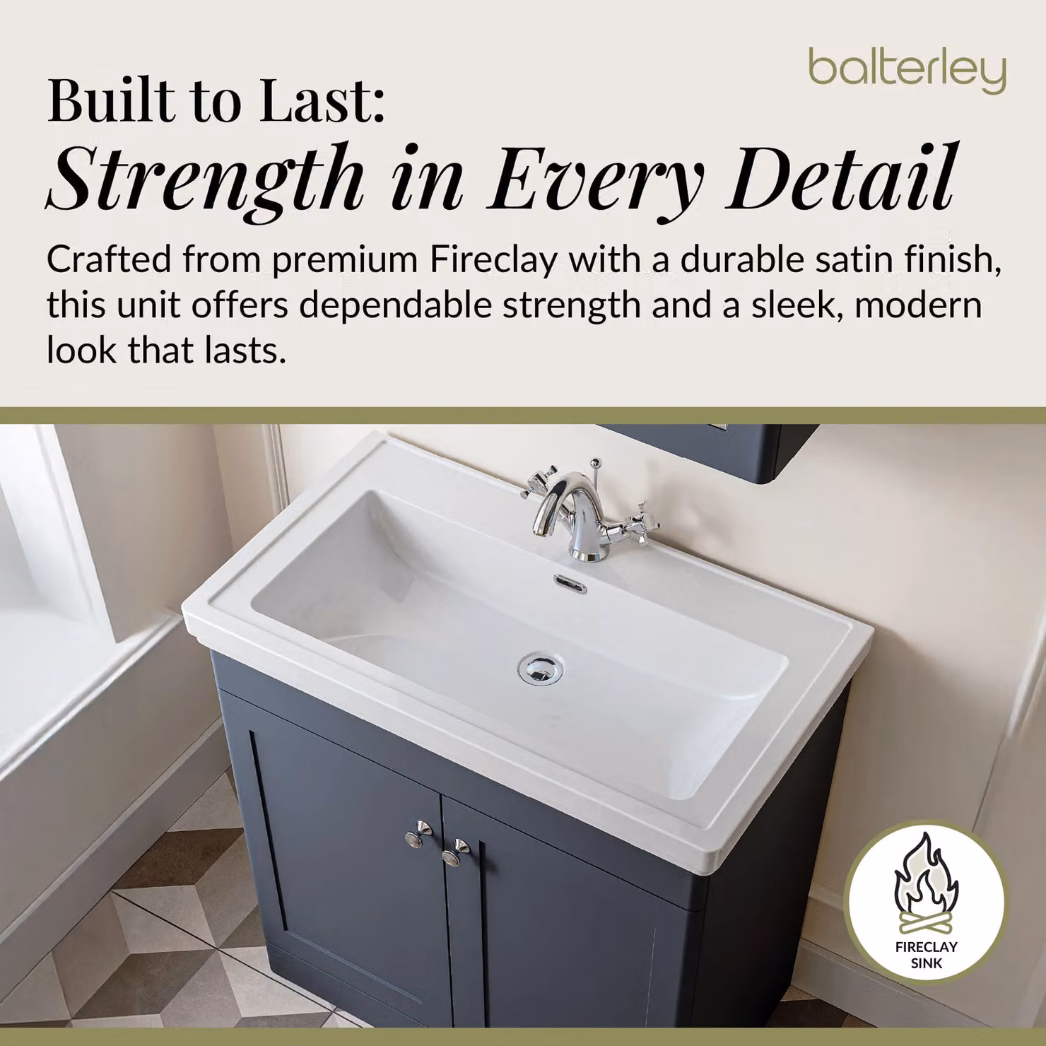 Balterley Dark Grey 2-Door Freestanding Bathroom Floor Vanity Unit with Fireclay Basin, W: 80 cm, H: 86.5 cm – 3