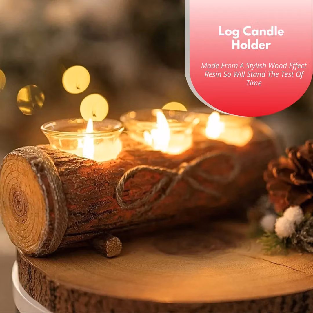 Marco Paul Rustic Christmas Log Tealight Candle Holder with 3 Glass Holders in Brown – 4