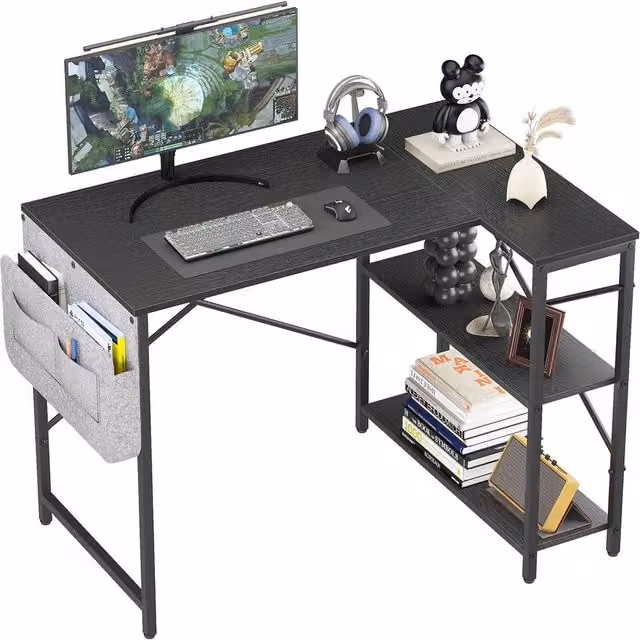 Huhote Modern L Shaped Corner Desk with 2 Shelves and Storage Bag in Black – 1