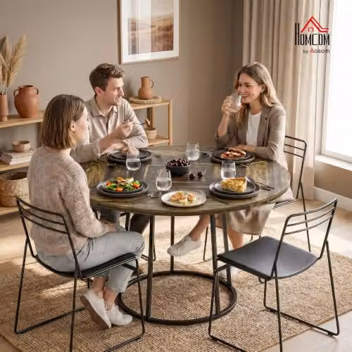HOMCOM Round Industrial Drop Leaf Dining Table for 4-6 People, Brown and Black, W/D/H: 120 x 120 x 75 cm – 2