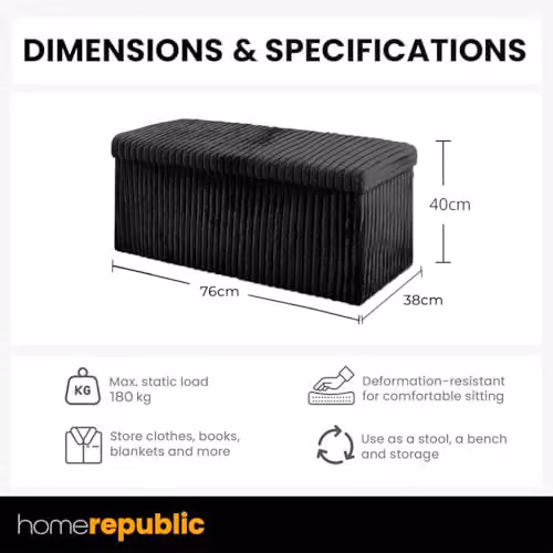 Home Republic Corduroy Ottoman Storage Box in Black, Foldable Rectangular Footstool and Toy Chest, W/D/H: 76 x 38 x 38 cm – 3