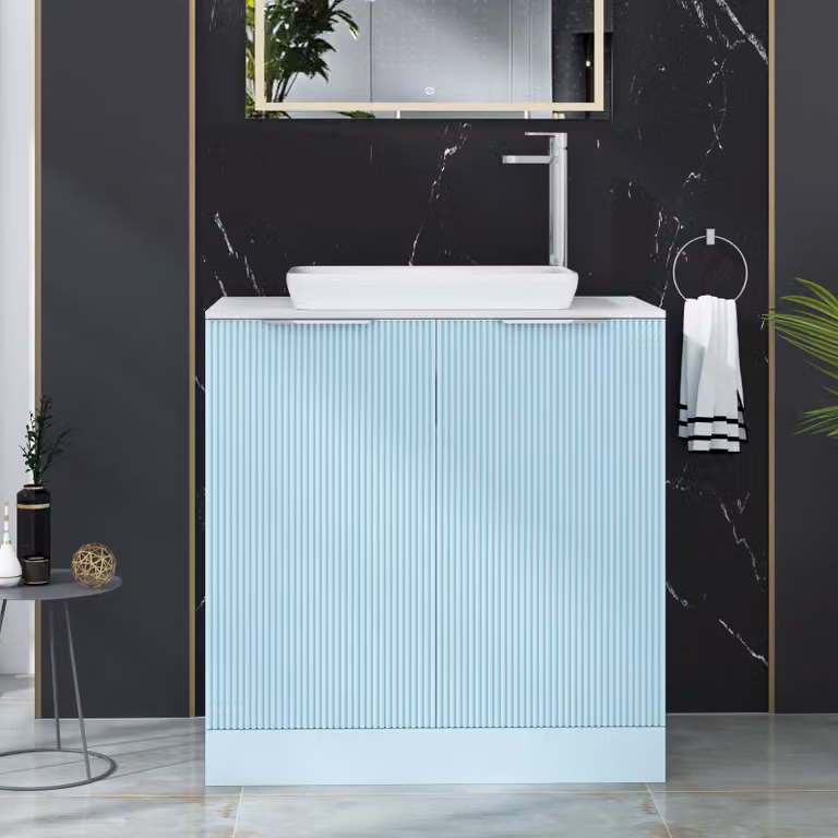 Royal Bathrooms Evora Powder Blue Fluted Floor Standing 2 Door Vanity Unit with Qubix Basin, Width: 80 cm