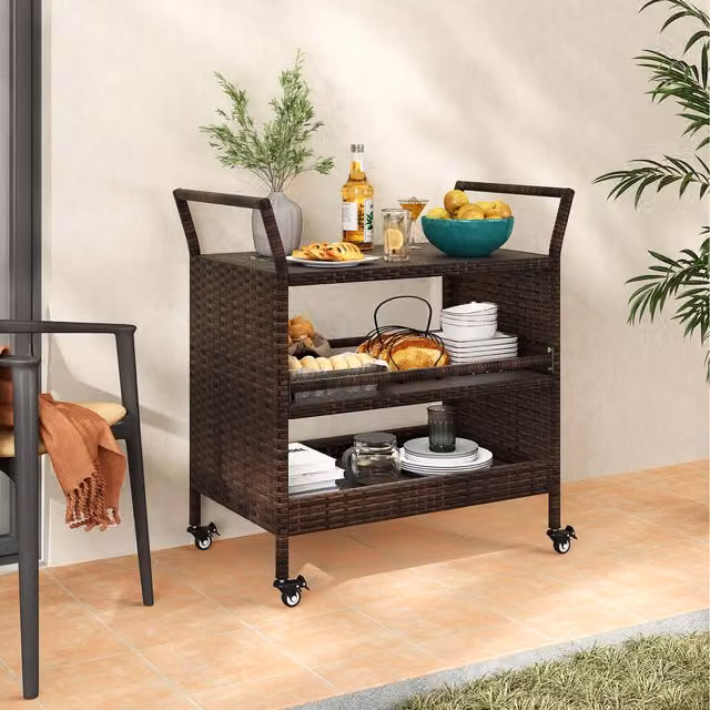 COSTWAY 3-Tier Modern Rolling Kitchen Storage Shelf with Rattan Detail in Brown