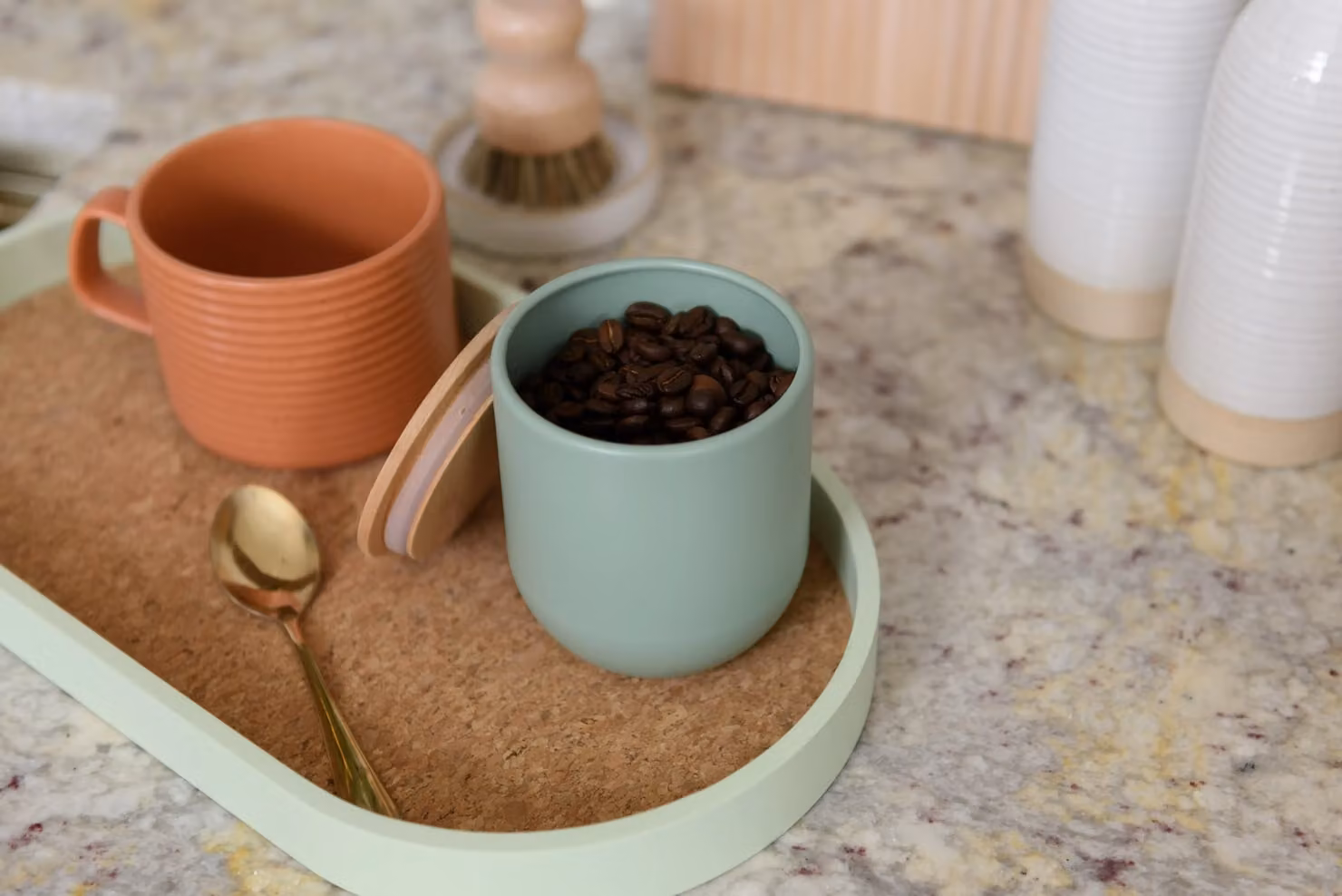 KitchenCraft Idilica Set of 3 Airtight Green Kitchen Canisters with Beechwood Lids – 3