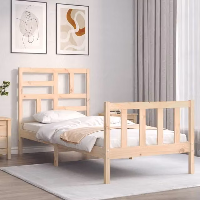 Berkfield Home Beautiful Small Single Solid Wood Bed Frame with Headboard in Beige, W/D/H: 80 x 190 x 80.5 cm – 1