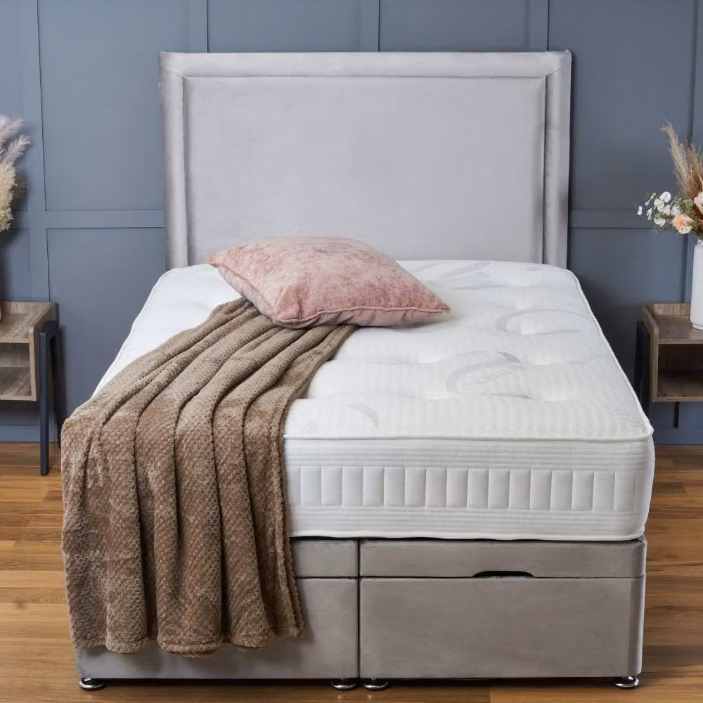 BSSPOKE Ella Ottoman Divan Bed with 54 inch Headboard and Mattress in Pink Plush Velvet, W/D/H: 180 x 200 cm – 1