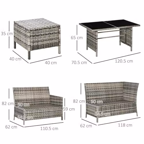 Outsunny 6 Piece L-Shape Rattan Garden Sofa Set with Blue Cushions and Glass Coffee Table – 6