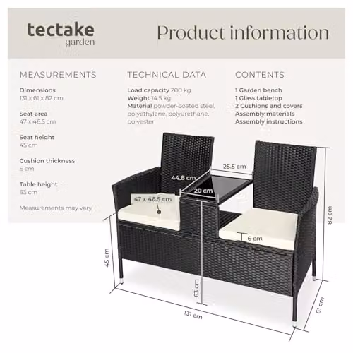 tectake Outdoor Bench with Integrated Table and Cushions in Black and Beige, W/D/H: 133 x 63 x 84 cm – 6