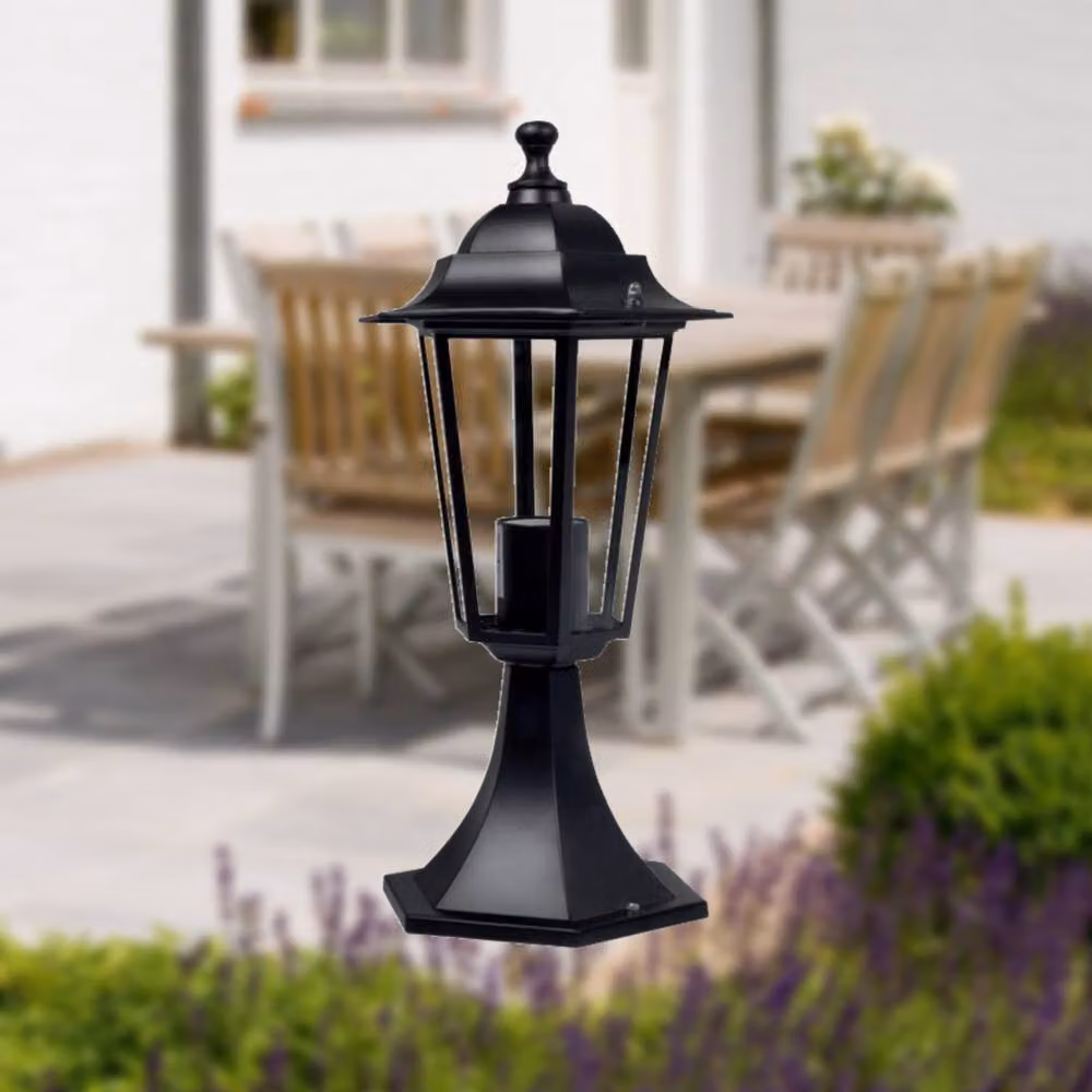 First Choice Lighting Cumbria Set of 4 Black Six Sided IP44 Outdoor Pedestal Lights, Height: 41 cm – 4