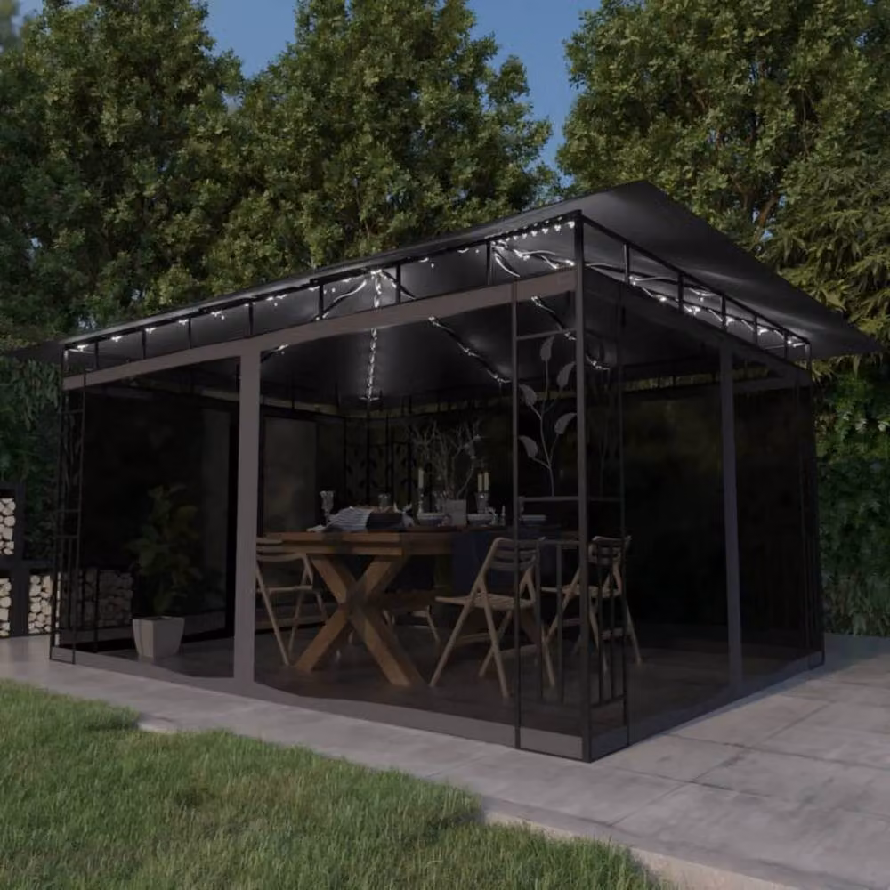Berkfield Home Anthracite Gazebo with Mosquito Net and LED String Lights, W: 400 cm, D: 300 cm, H: 273 cm – 2