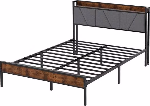 Levede Rustic Brown Upholstered Bed Frame with Side Compartments and Bedside Shelf, W/D/H: 140 x 200 cm – 8