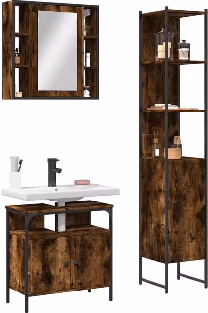 Berkfield Home 3 Piece Brown Smoked Oak Bathroom Cabinet Set with Mirror Cabinet