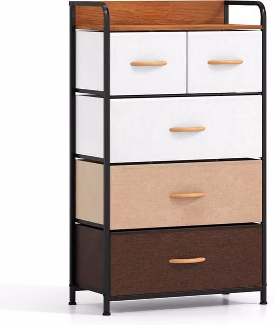 Gymax 5-Drawer Fabric Dresser, Tall Narrow Freestanding Storage Tower Organizer in Brown – 1