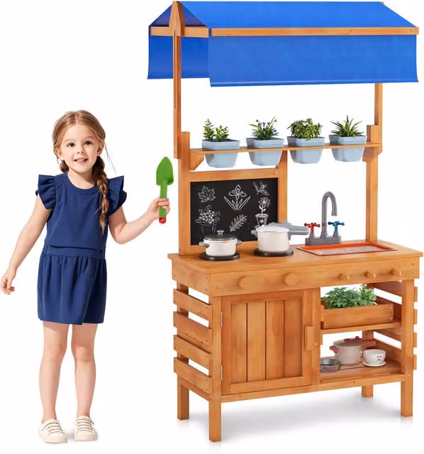 Costway Kids Potting Bench Play Kitchen with Canopy in Brown Wood