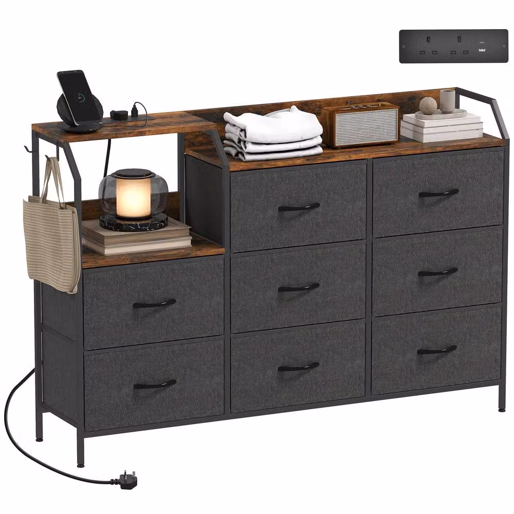 HOMCOM Fabric Chest of Drawers with Integrated Charging Station in Rustic Brown and Black – 2
