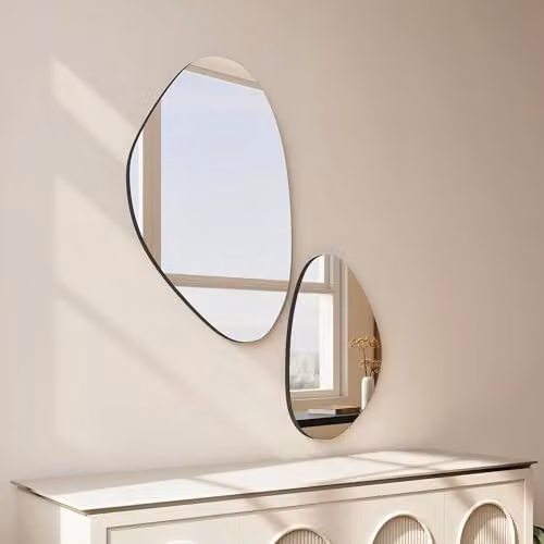 HOMCOM Set of 2 Modern Pebble-Shaped Wall Mirrors with Black Metal Frames