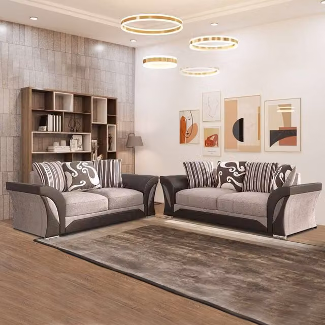Sliding Wardrobes 4U Fabric 3+2 and Corner Sofa Set in Black, Grey and Beige
