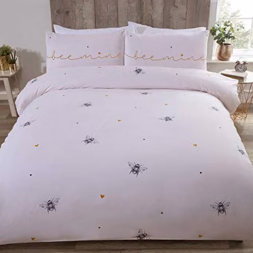 Rapport Home Bee Mine Polycotton Duvet Cover and Pillowcase Set in Pink, W/D/H: 135 x 200 cm and 50 x 75 cm