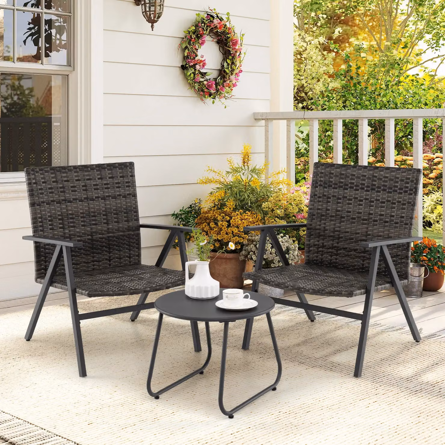 Costway 3-Piece Patio Bistro Set with Metal Frame and Rattan Armchairs and Table in Black – 3