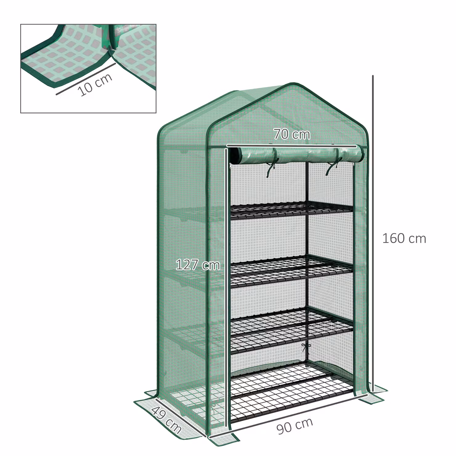 Outsunny Four-Tier Mini Greenhouse with Reinforced Plastic Cover and Steel Frame, Green, H: 160 cm, W: 90 cm, D: 49 cm – 3