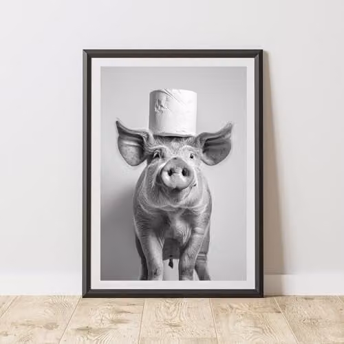 60 Second Makeover Pig Toilet Roll Animal Print Paper Poster, A3, Black, White and Grey