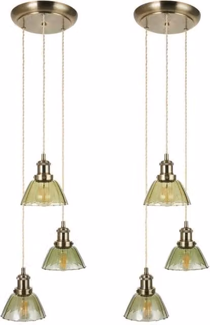 First Choice Lighting Set of 2 Vintage Green Glass and Brass 3 Light Cluster Pendant Lights in Bronze and Gold – 1