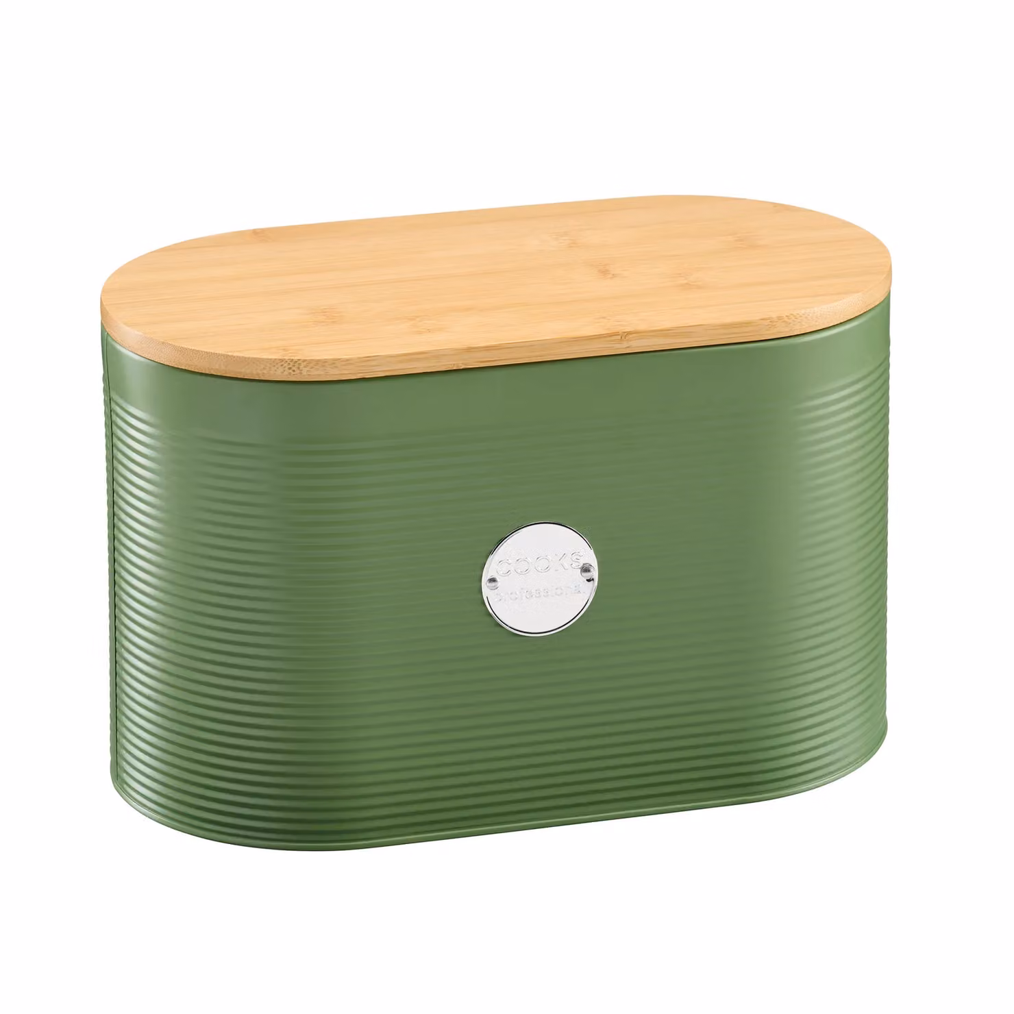 Cooks Professional Ribbed Bread Bin in Green with Linen Bag and 2-in-1 Bamboo Cutting Board Lid – 4