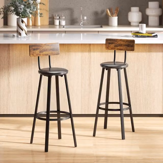 HOMCOM Set of 2 Upholstered Industrial Bar Stools with Backrest and Footrest in Rustic Brown and Black