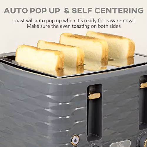 HOMCOM Kettle and 4 Slice Toaster Set in Grey with 1.7L Rapid Boil Kettle and 1600W Toaster featuring Auto Shut-off – 4