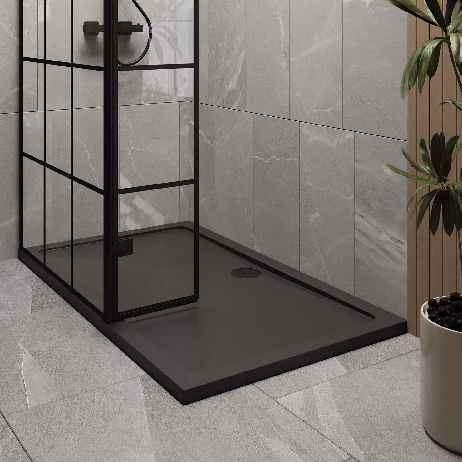 Balterley 8mm Glass Walk-In Wetroom Screen with Return and Tray, Black Framed, W: 1400 mm, D: 800 mm – 3