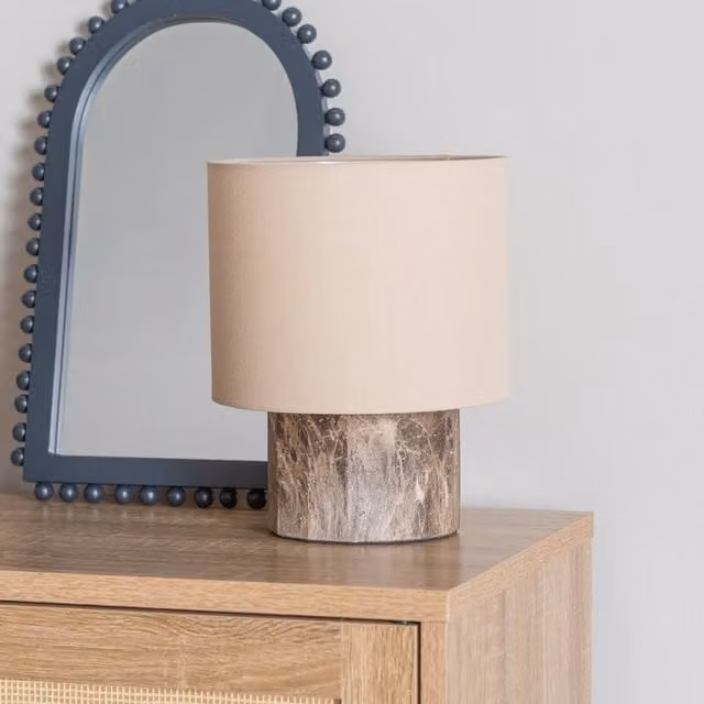 ValueLights Melanie Marble Effect Table Lamp with Natural Linen Shade in Brown