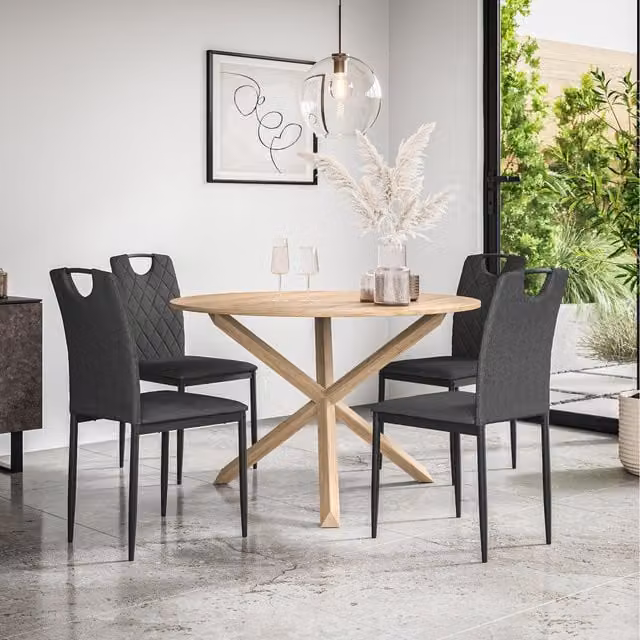More4Homes Malvern Round Oak Effect Dining Table Set with 4 Monza Linen Chairs in Charcoal and Grey