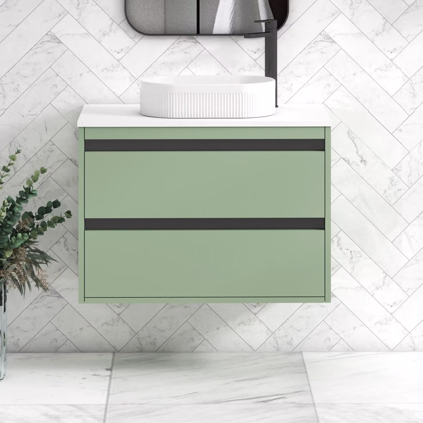 Royal Bathrooms Orion 800mm Wall Hung Vanity Unit in Mint Sage with Lyon Basin and Black Accent Trim