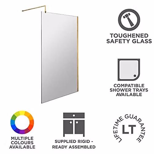 nuie Modern Walk In Bathroom Wetroom Screen with Support Bar, 8mm Toughened Safety Glass, W: 1100 mm, Brushed Brass