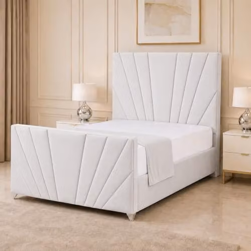 Living Comfort Bedz Sunrise Lined Panel Bed in White Plush Velvet with Solid Wooden Slats, Super King Size, W/D/H: 200 x 180 x 127 cm