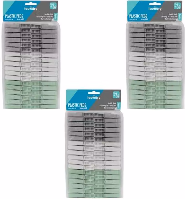 JVL Pack of 3 Plastic Clothes Pegs, 108 Total, Assorted Colours – 1