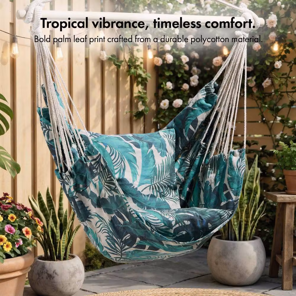VonHaus Hanging Egg Chair with Attachments, Green Multicolour Leaf Print Outdoor Swing Seat and Hammock for Garden and Terrace – 4