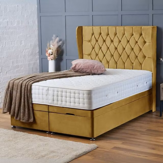 BSSPOKE Amelia Ottoman Divan Bed in Mustard Yellow Plush Velvet with 54 inch Headboard, W/D/H: 180 x 200 cm