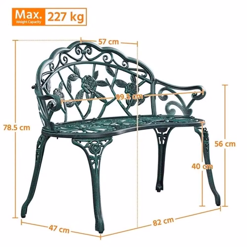 KORVIXA Green Cast Aluminium Garden Bench with Floral Design – 2