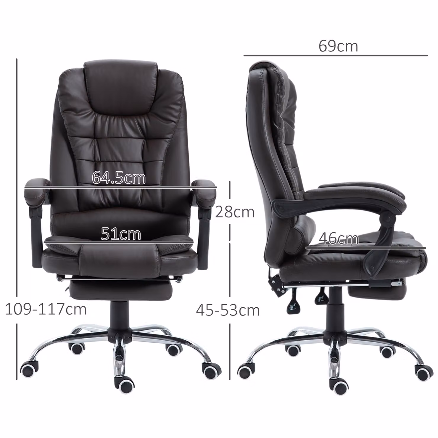 HOMCOM Brown PU Leather Executive Office Chair with High Back, Retractable Footrest and Reclining Function – 3