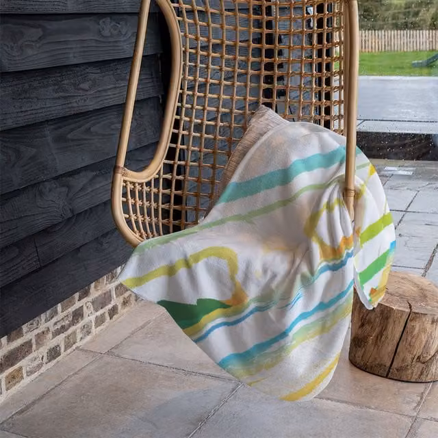Benjamin Tate Design Surf Board On Beach Blanket in Yellow, Beige and Multicolour, W/D/H: 120 x 150 cm