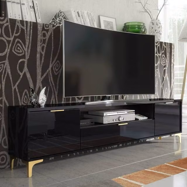 Creative Furniture Goldline Glossy Black and Gold TV Unit W: 200 cm, H: 50 cm, D: 35 cm – 1
