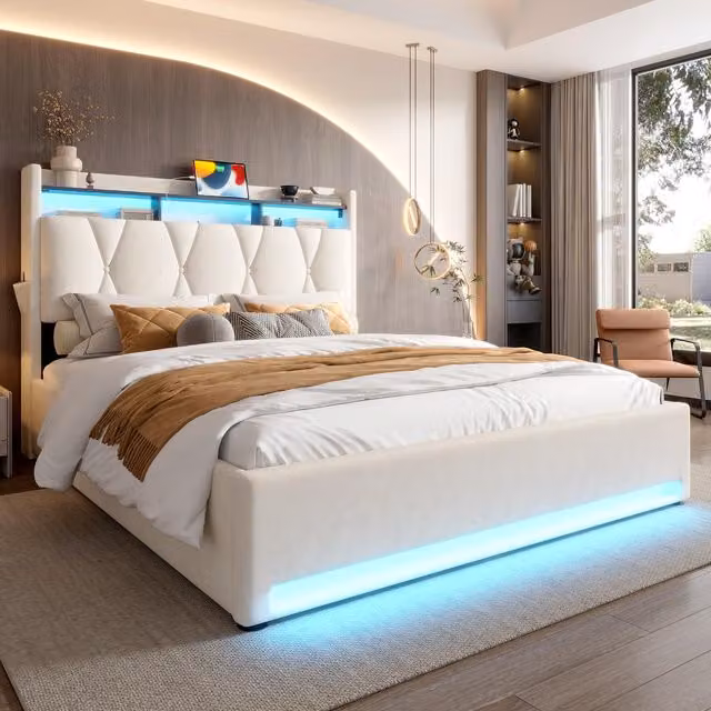 Aosom UK Beige Upholstered Hydraulic Platform Bed with Headboard Shelf and USB Charging Port, H 116.5 x W 221 x D 158 cm