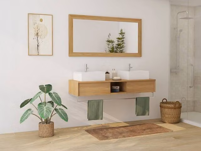 Vente-unique Suspended Teak Bathroom Vanity Unit with Towel Rail and Double Square in Light Oak – 1